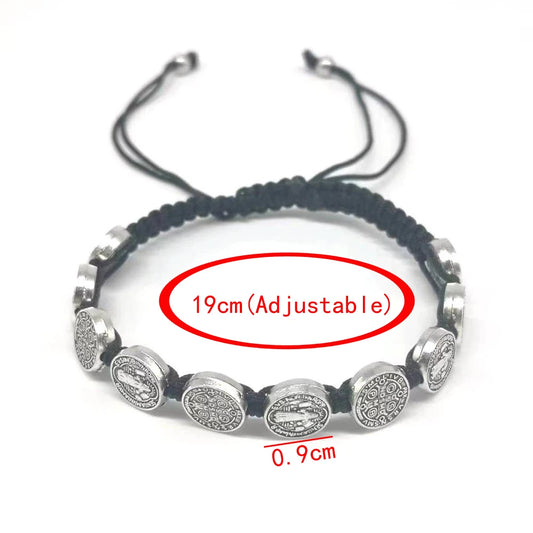 12PCS/Pack San Benito Bracelets Protection Red Black Cord Benedict Medal Rosary Blessing Friendship Bracelet Gift for Women Men