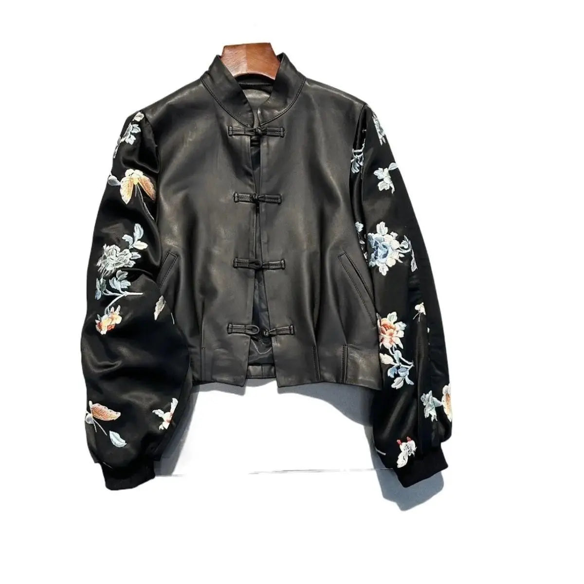 High-end Vintage Embroidery Patchwork Leather Jacket Women's Spring Autumn PU Leather Coat Long Sleeves Button Design Outerwear