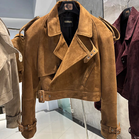 YOLOAgain Long Sleeve Dark Brown Suede Jacket Women Real Leather Jacket