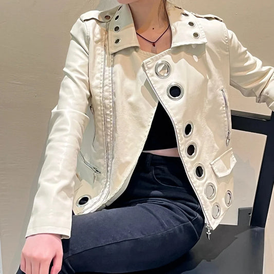 Black Short Leather Jacket 2026 Autumn New Women's Versatile Fashion Metal Circles Slim PU Leather Jackets Motorcycle tops