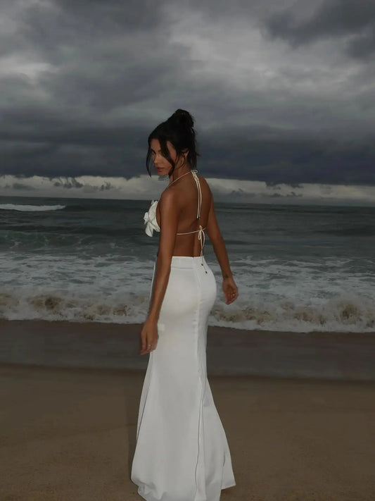 New Women Two Piece Set Skirt Suit 3D Flower Top Skirt Sleeveless Sweet Waist Chic Slit Skirt Beach Dance Robe