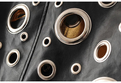 Lautaro Runway Cut Out Short Faux Leather Jacket Golden Rivet Cool Stylish Designer Clothes Women European American Fashion 2022