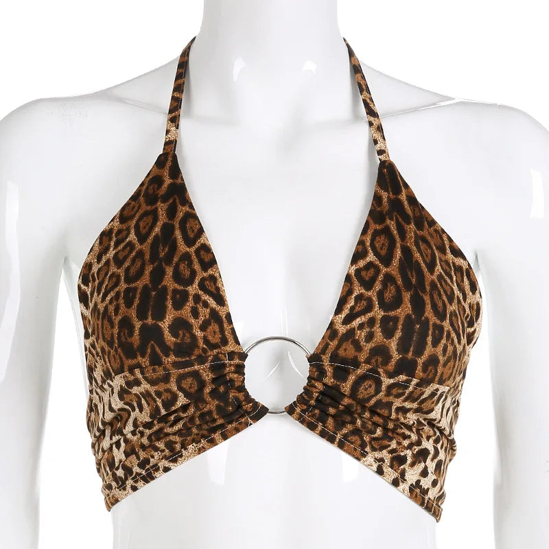 Leopard Printed Sexy Halter Crop Top Women Camis Backless Bandage Lace Up Sequins Metal Ring Tank Top 2023 Party Club Bustier