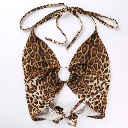 Leopard Printed Sexy Halter Crop Top Women Camis Backless Bandage Lace Up Sequins Metal Ring Tank Top 2023 Party Club Bustier