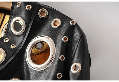 Lautaro Runway Cut Out Short Faux Leather Jacket Golden Rivet Cool Stylish Designer Clothes Women European American Fashion 2022