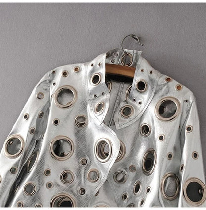 Lautaro Runway Cut Out Short Faux Leather Jacket Golden Rivet Cool Stylish Designer Clothes Women European American Fashion 2022