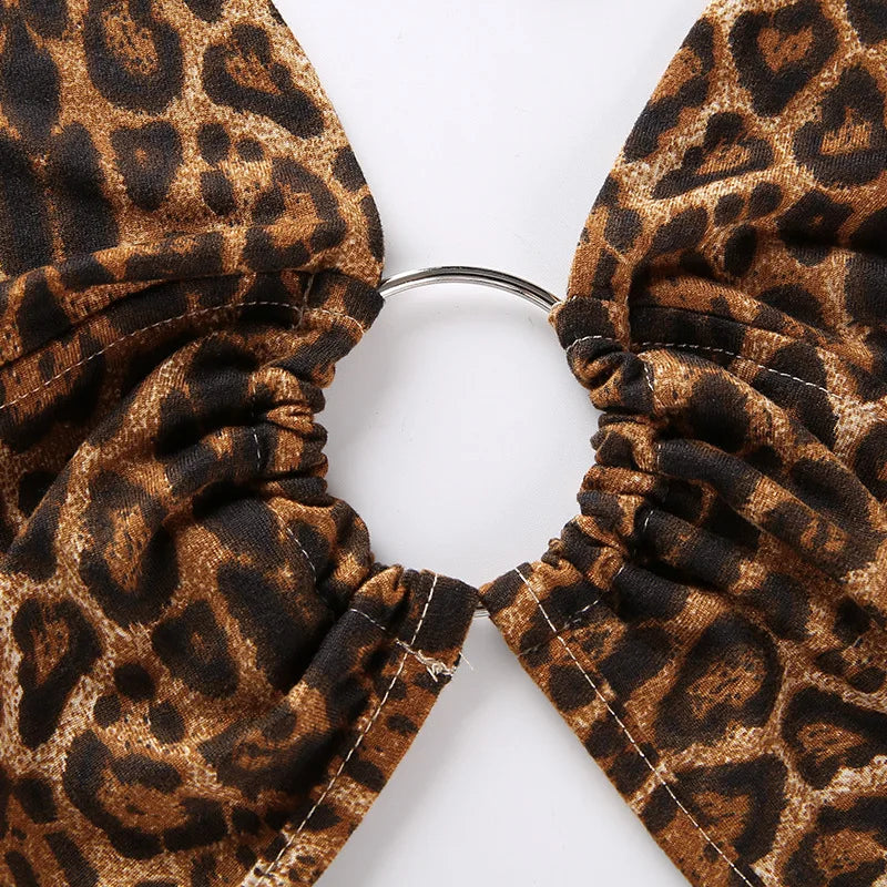 Leopard Printed Sexy Halter Crop Top Women Camis Backless Bandage Lace Up Sequins Metal Ring Tank Top 2023 Party Club Bustier