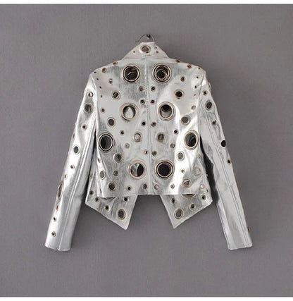 Lautaro Runway Cut Out Short Faux Leather Jacket Golden Rivet Cool Stylish Designer Clothes Women European American Fashion 2022