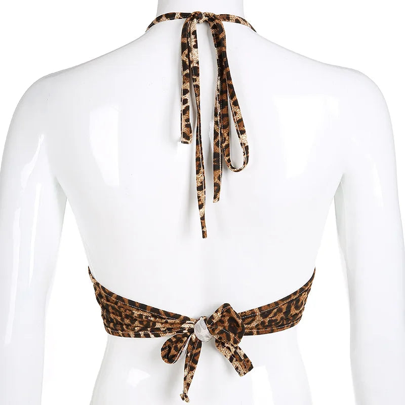 Leopard Printed Sexy Halter Crop Top Women Camis Backless Bandage Lace Up Sequins Metal Ring Tank Top 2023 Party Club Bustier
