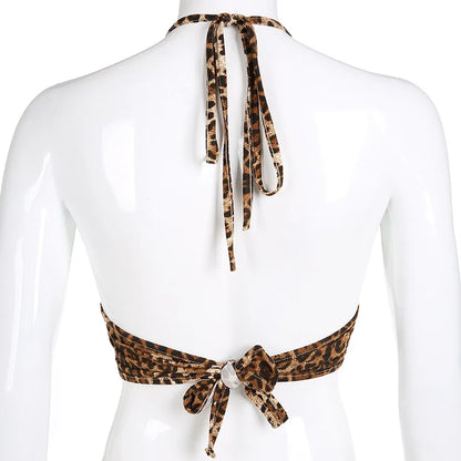 Leopard Printed Sexy Halter Crop Top Women Camis Backless Bandage Lace Up Sequins Metal Ring Tank Top 2023 Party Club Bustier