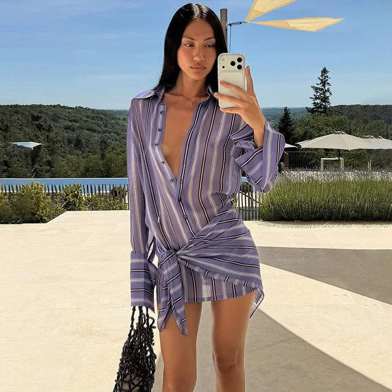 Collared Button Women's Front Sheer Vertical Stripe Two Piece Set Long Cuff Shirt High Waist Flared Wide Leg Long Pants 2026 New