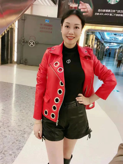 Black Short Leather Jacket 2026 Autumn New Women's Versatile Fashion Metal Circles Slim PU Leather Jackets Motorcycle tops