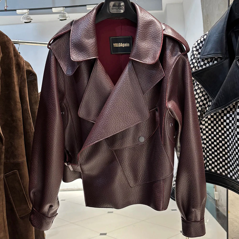 YOLOAgain 2025 Spring Loose Oversized Real Leather Jacket Women Streetwear