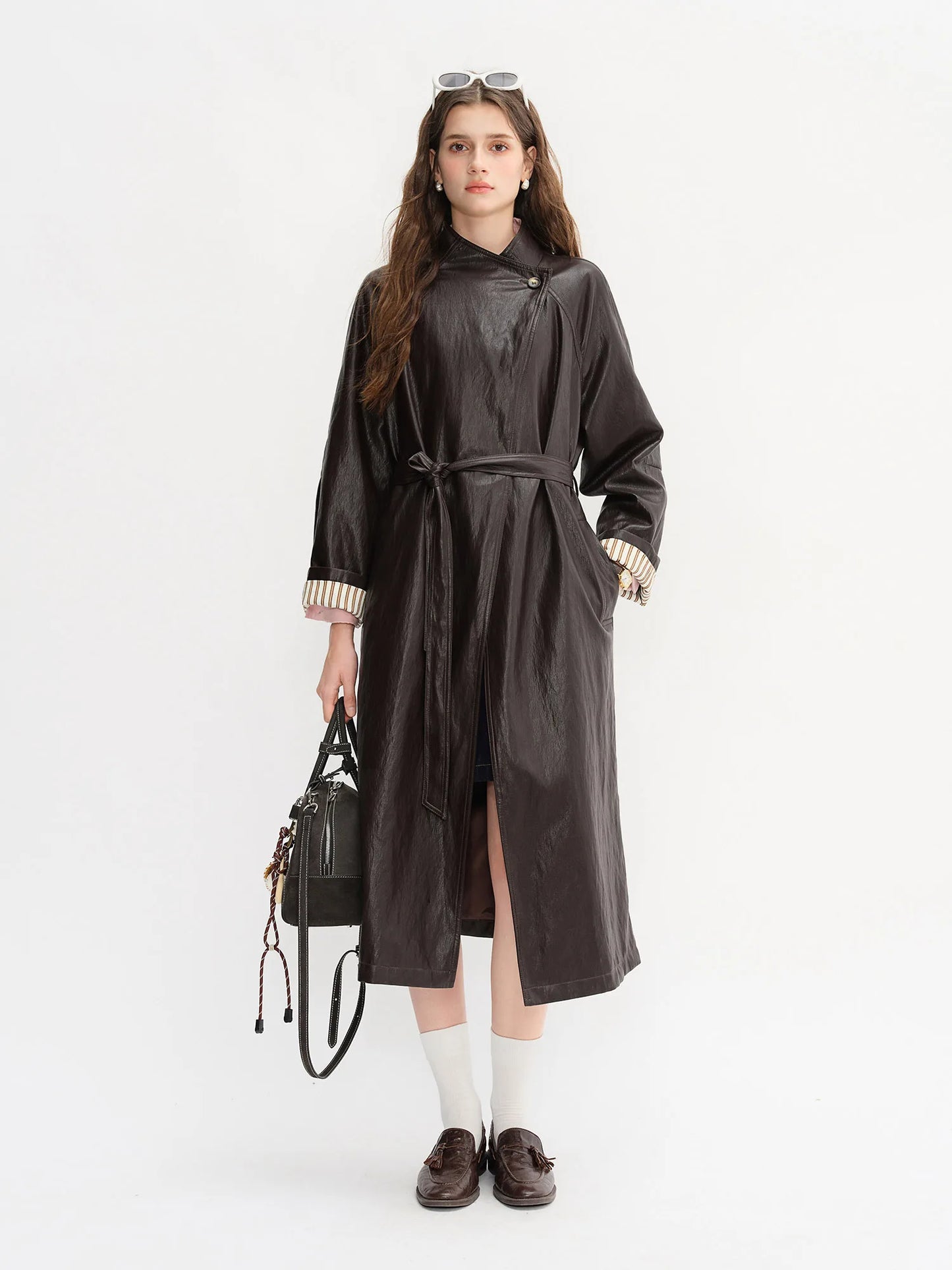 DUSHU Plus Size Women's [COCO MOUSSE] Protein Leather Stand-Up Collar Long Overcoat 2025 Autumn Stylish Leather Jacket