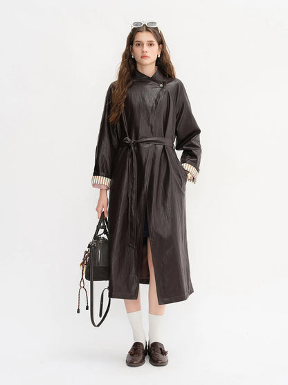 DUSHU Plus Size Women's [COCO MOUSSE] Protein Leather Stand-Up Collar Long Overcoat 2025 Autumn Stylish Leather Jacket