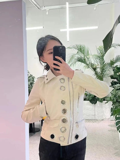 Black Short Leather Jacket 2026 Autumn New Women's Versatile Fashion Metal Circles Slim PU Leather Jackets Motorcycle tops