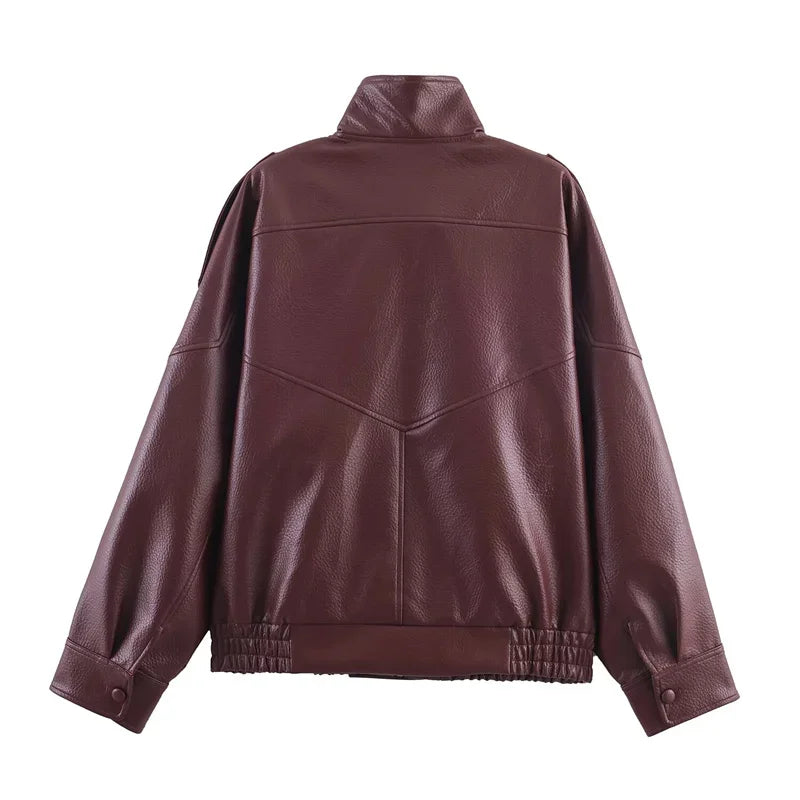 Women's Jacket Fall 2025 New Black Long Sleeve Pebble Faux Leather Jacket Motorcycle Style Personality Fashion