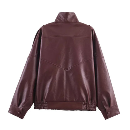 Women's Jacket Fall 2025 New Black Long Sleeve Pebble Faux Leather Jacket Motorcycle Style Personality Fashion