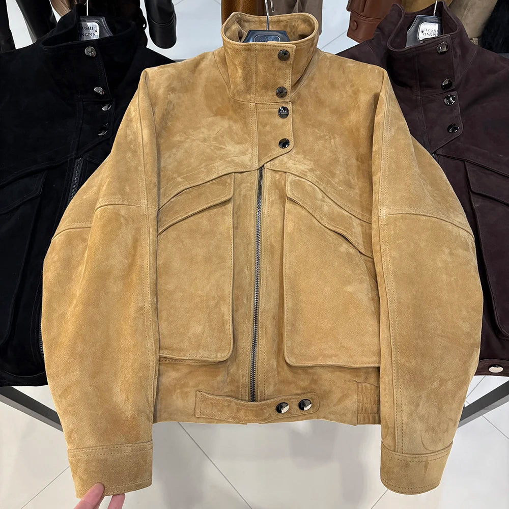 YOLOAgain Chocolate Brown Suede Jacket Women Real Leather Jacket Female