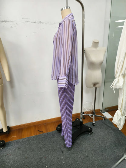 Collared Button Women's Front Sheer Vertical Stripe Two Piece Set Long Cuff Shirt High Waist Flared Wide Leg Long Pants 2026 New