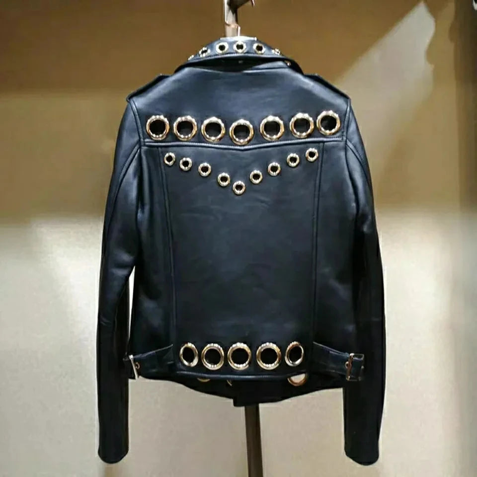Black Short Leather Jacket 2026 Autumn New Women's Versatile Fashion Metal Circles Slim PU Leather Jackets Motorcycle tops
