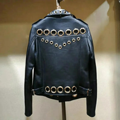 Black Short Leather Jacket 2026 Autumn New Women's Versatile Fashion Metal Circles Slim PU Leather Jackets Motorcycle tops