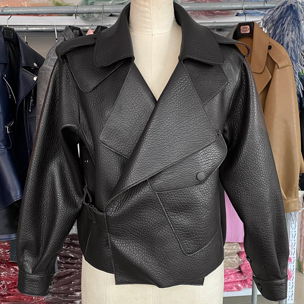 YOLOAgain 2025 Spring Loose Oversized Real Leather Jacket Women Streetwear