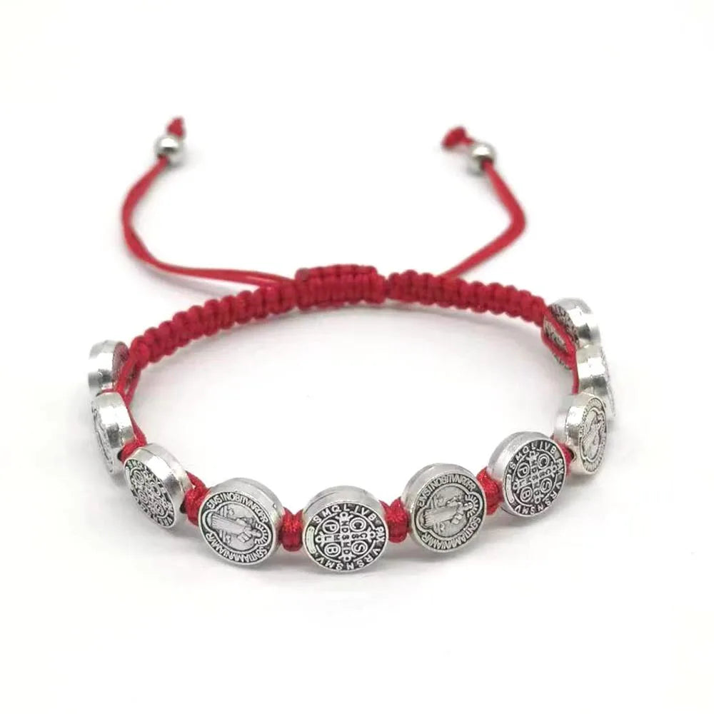 12PCS/Pack San Benito Bracelets Protection Red Black Cord Benedict Medal Rosary Blessing Friendship Bracelet Gift for Women Men