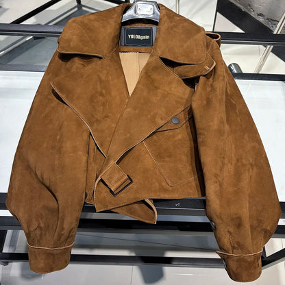 YOLOAgain 2025 Spring Loose Oversized Real Leather Jacket Women Streetwear