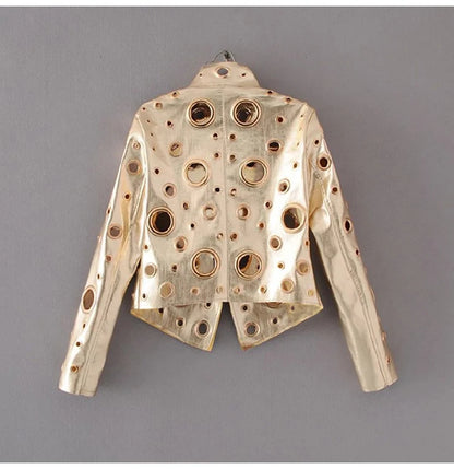 Lautaro Runway Cut Out Short Faux Leather Jacket Golden Rivet Cool Stylish Designer Clothes Women European American Fashion 2022