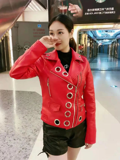 Black Short Leather Jacket 2026 Autumn New Women's Versatile Fashion Metal Circles Slim PU Leather Jackets Motorcycle tops