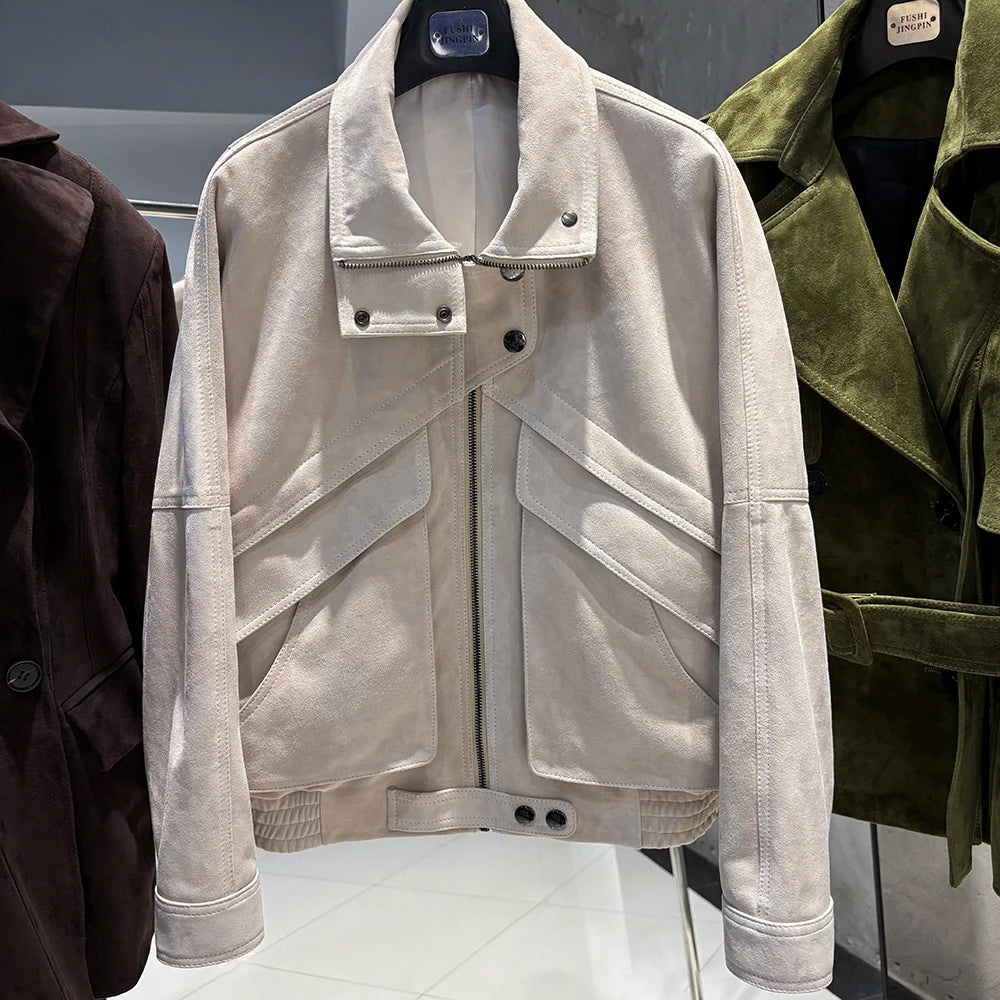 YOLOAgain Chocolate Brown Suede Jacket Women Real Leather Jacket Female