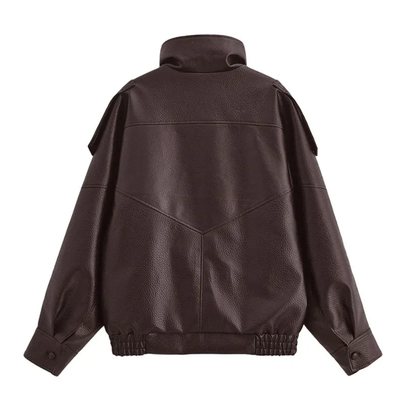 Women's Jacket Fall 2025 New Black Long Sleeve Pebble Faux Leather Jacket Motorcycle Style Personality Fashion