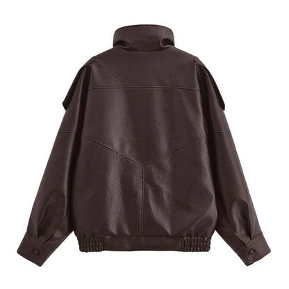 Women's Jacket Fall 2025 New Black Long Sleeve Pebble Faux Leather Jacket Motorcycle Style Personality Fashion