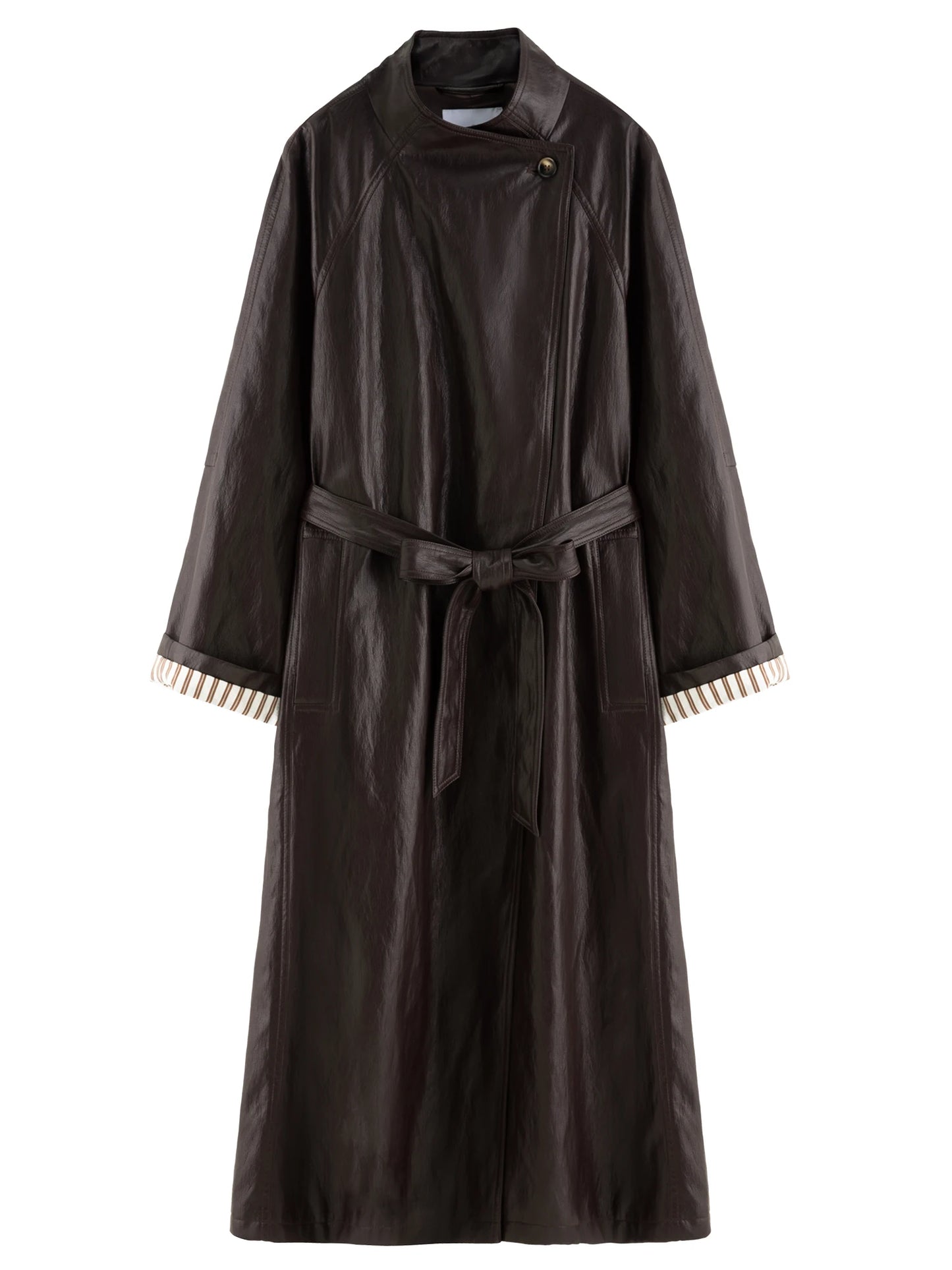 DUSHU Plus Size Women's [COCO MOUSSE] Protein Leather Stand-Up Collar Long Overcoat 2025 Autumn Stylish Leather Jacket