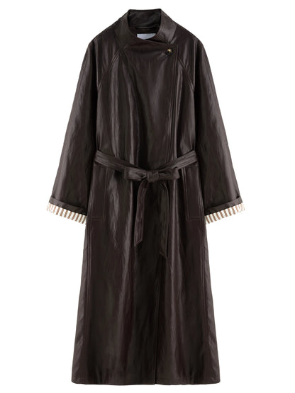 DUSHU Plus Size Women's [COCO MOUSSE] Protein Leather Stand-Up Collar Long Overcoat 2025 Autumn Stylish Leather Jacket