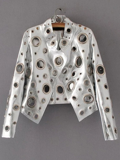 Lautaro Runway Cut Out Short Faux Leather Jacket Golden Rivet Cool Stylish Designer Clothes Women European American Fashion 2022