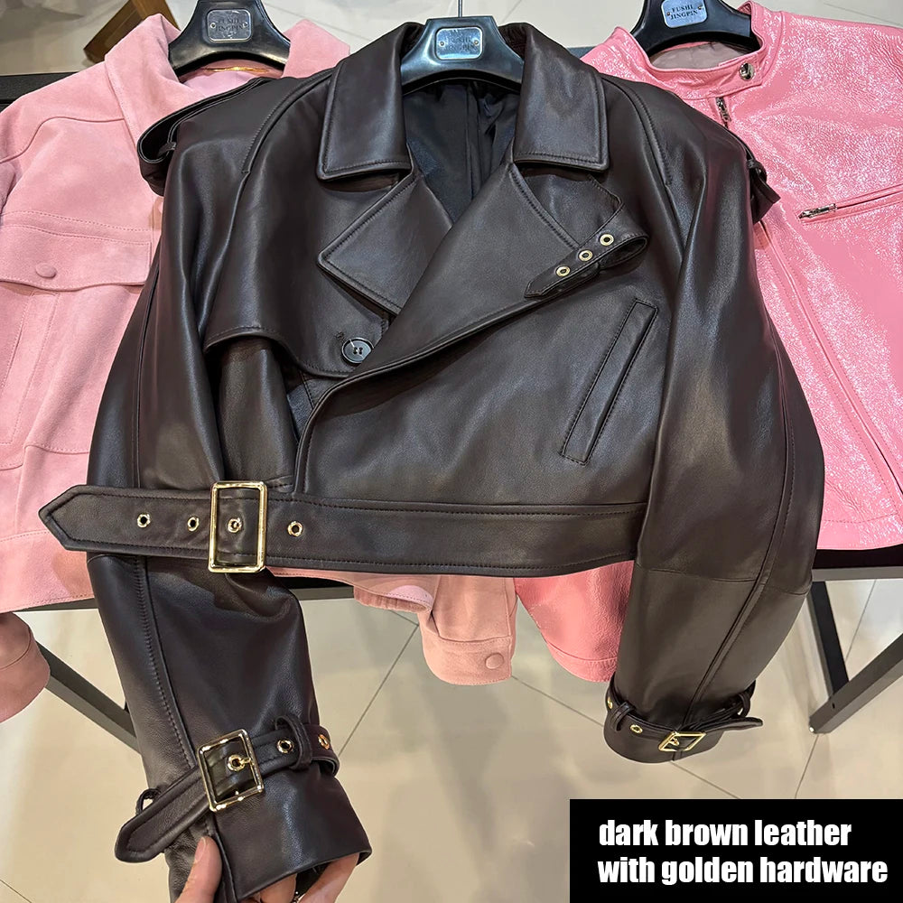 YOLOAgain Long Sleeve Dark Brown Suede Jacket Women Real Leather Jacket