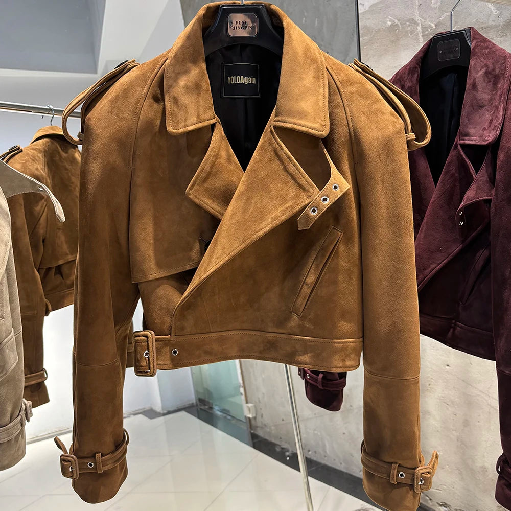 YOLOAgain Long Sleeve Dark Brown Suede Jacket Women Real Leather Jacket