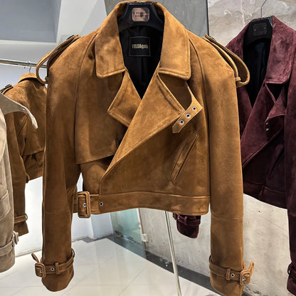 YOLOAgain Long Sleeve Dark Brown Suede Jacket Women Real Leather Jacket