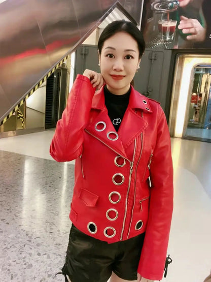 Black Short Leather Jacket 2026 Autumn New Women's Versatile Fashion Metal Circles Slim PU Leather Jackets Motorcycle tops