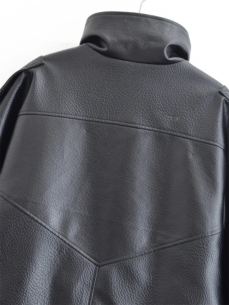 Women's Jacket Fall 2025 New Black Long Sleeve Pebble Faux Leather Jacket Motorcycle Style Personality Fashion