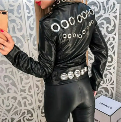 Black Short Leather Jacket 2026 Autumn New Women's Versatile Fashion Metal Circles Slim PU Leather Jackets Motorcycle tops