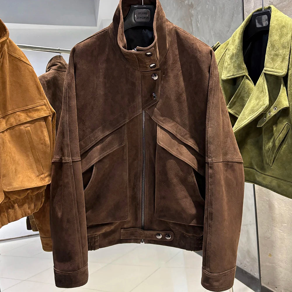 YOLOAgain Chocolate Brown Suede Jacket Women Real Leather Jacket Female