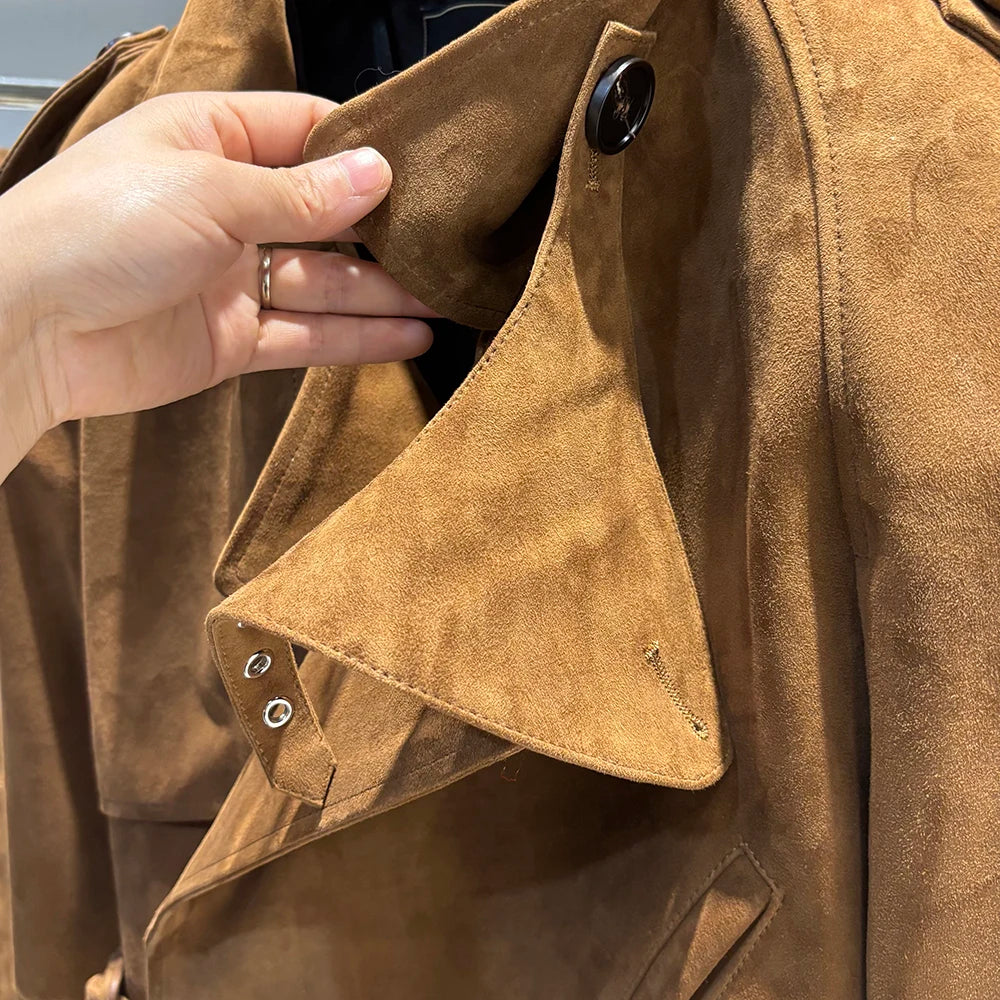 YOLOAgain Long Sleeve Dark Brown Suede Jacket Women Real Leather Jacket