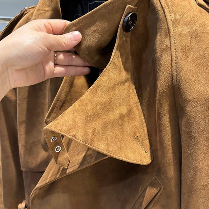 YOLOAgain Long Sleeve Dark Brown Suede Jacket Women Real Leather Jacket