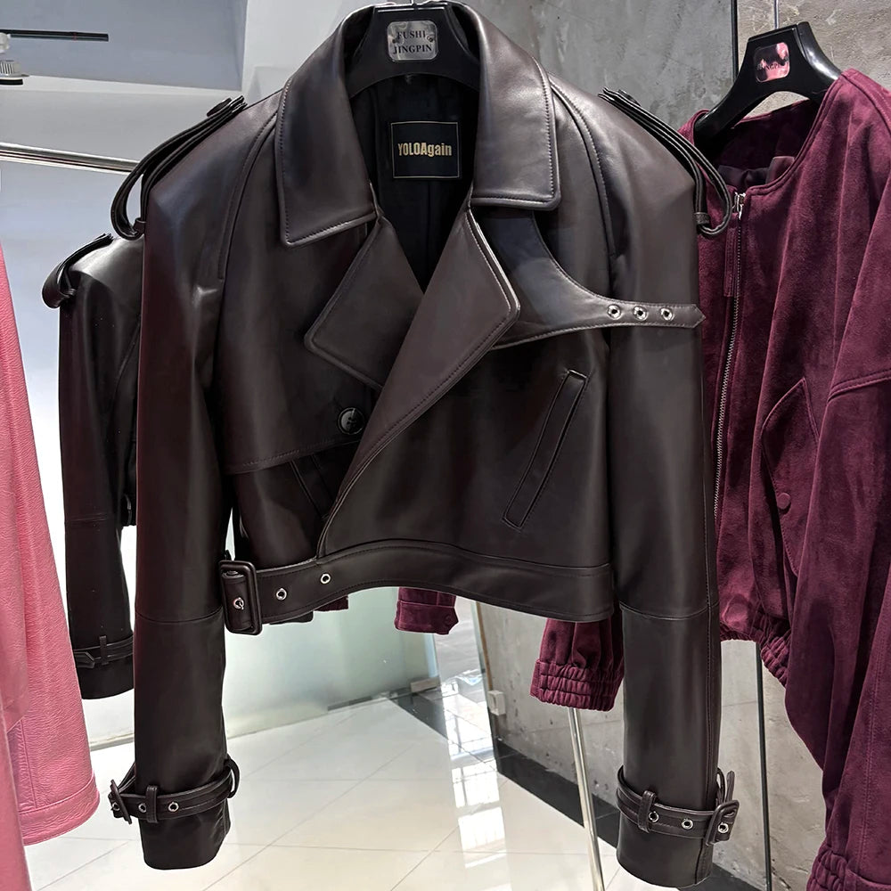 YOLOAgain Long Sleeve Dark Brown Suede Jacket Women Real Leather Jacket