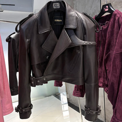 YOLOAgain Long Sleeve Dark Brown Suede Jacket Women Real Leather Jacket
