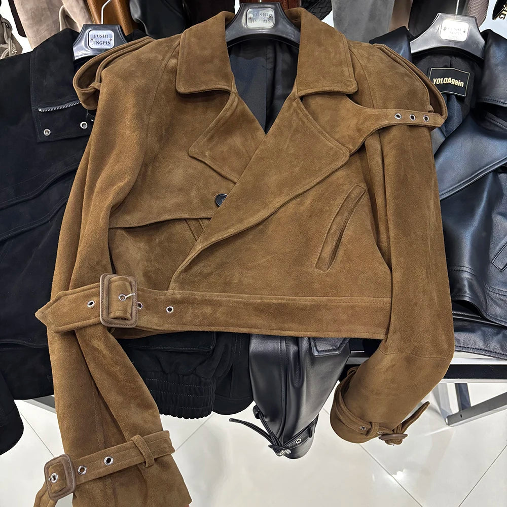 YOLOAgain Long Sleeve Dark Brown Suede Jacket Women Real Leather Jacket