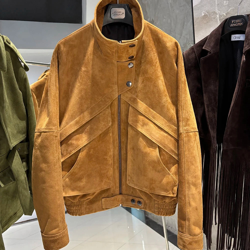 YOLOAgain Chocolate Brown Suede Jacket Women Real Leather Jacket Female